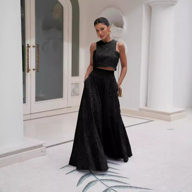 two-piece set
Crop top and maxi skirt
Elegant summer outfit
Eyelet lace dress set
Wedding guest outfit
Vacation fashion dressVacation dress for women
Beach getaway outfit
Summer resort wear
Tropical vacation dress
Maxi skirt and crop top set