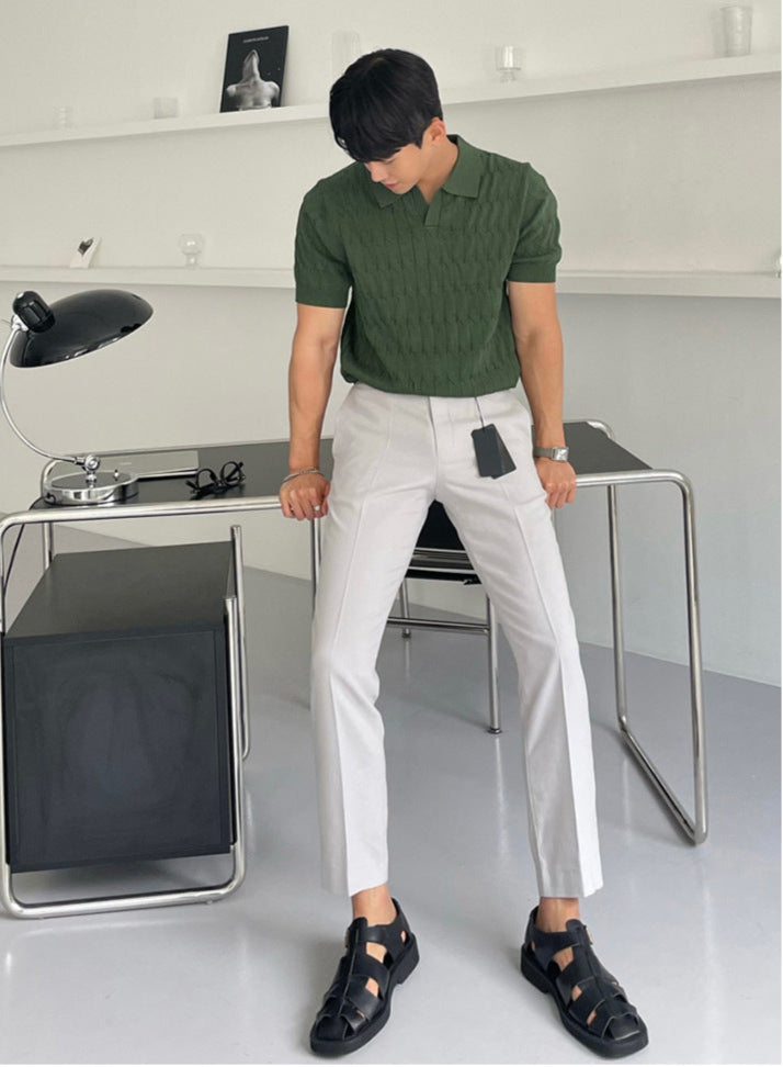 Men's knit polo shirt
Cable knit short sleeve polo
Classic men's polo shirt
Business casual polo for men
Smart-casual knitwear
Fashionable polo shirts for men