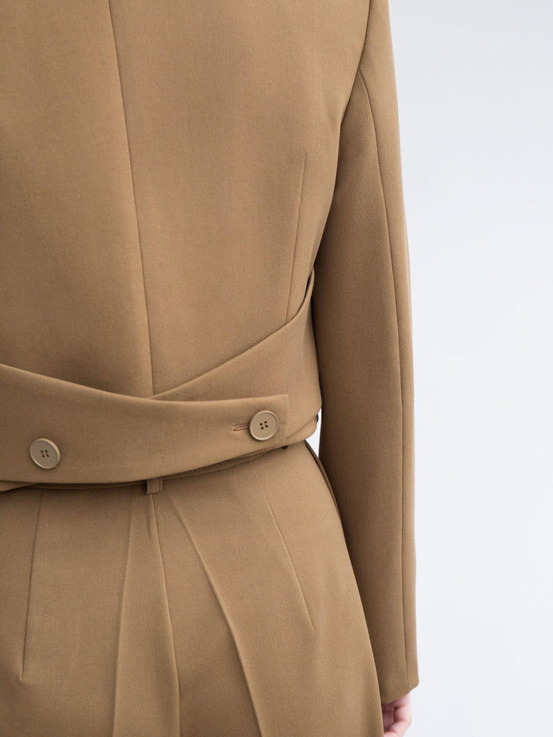 cropped blazer, wide-leg pants, women's suit set, 2 piece suit, tailored pants, high waist pants, blazer set women, neutral tone outfit, office co-ord set, short blazer jacket, fashion suit for women, poly-viscose suit, minimal chic clothing