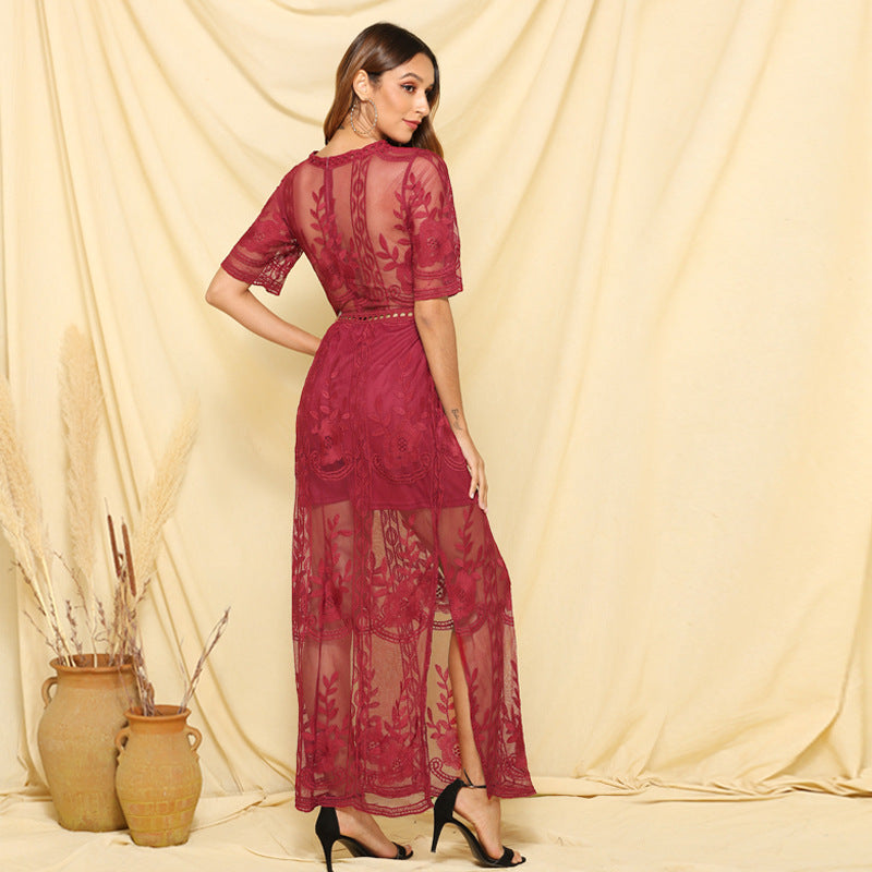 maxi lace dress
v neck lace dress
sheer maxi dress
elegant dress
formal dress
evening dress
romantic dress
special occasion lace dress
delicate lace resort wear
sophisticated lace evening dress