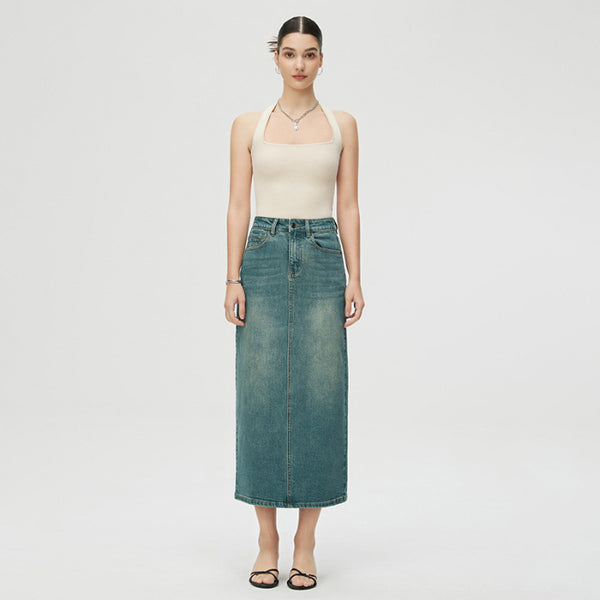 denim maxi skirt, long denim skirt, high-waist jean skirt, vintage straight skirt, casual streetwear skirt, women’s classic denim, maxi skirt 2025, slim denim skirt, timeless fashion skirt
