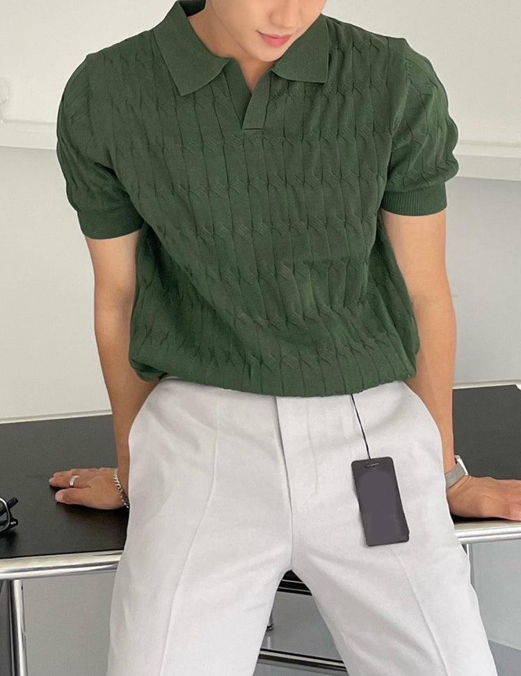 Men's knit polo shirt
Cable knit short sleeve polo
Classic men's polo shirt
Business casual polo for men
Smart-casual knitwear
Fashionable polo shirts for men