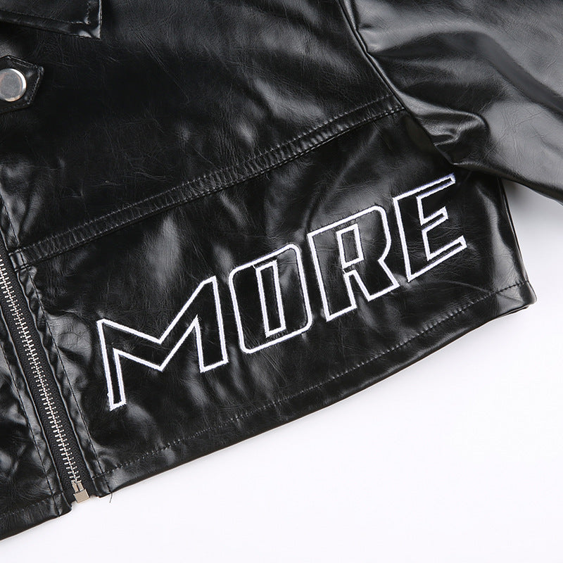 Edgy Black Cropped Faux Leather Jacket – Trendy Zip-Up Biker Style