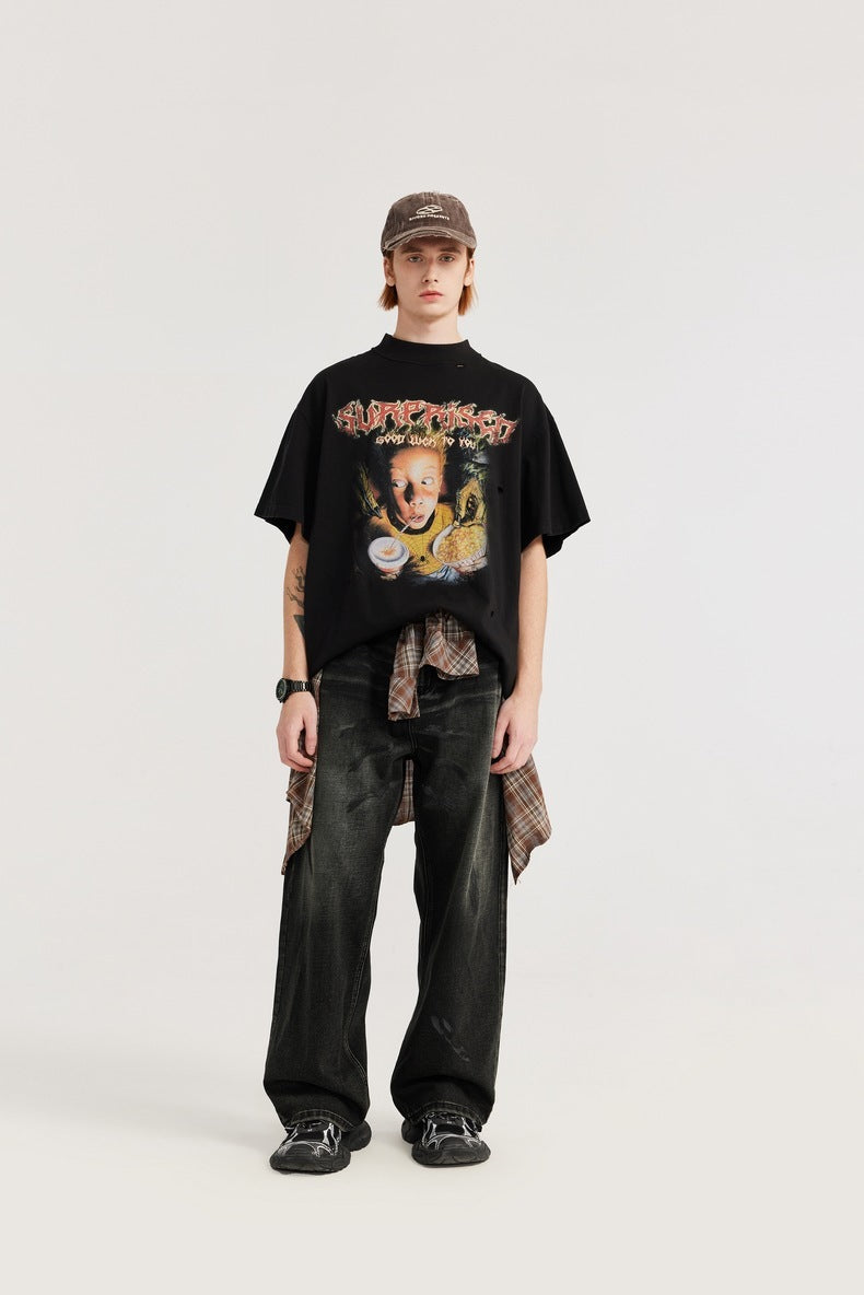 Men's Black Wide-Leg Jeans – Vintage Washed Streetwear Denim