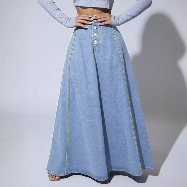 flared denim skirt, high waisted maxi jean skirt, women’s long denim skirts, A-line jean skirt, front button skirt, light blue denim bottom, wide leg denim skirt, casual chic long skirt