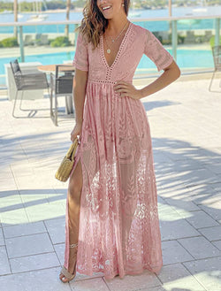 maxi lace dress
v neck lace dress
sheer maxi dress
elegant dress
formal dress
evening dress
romantic dress
special occasion lace dress
delicate lace resort wear
sophisticated lace evening dress