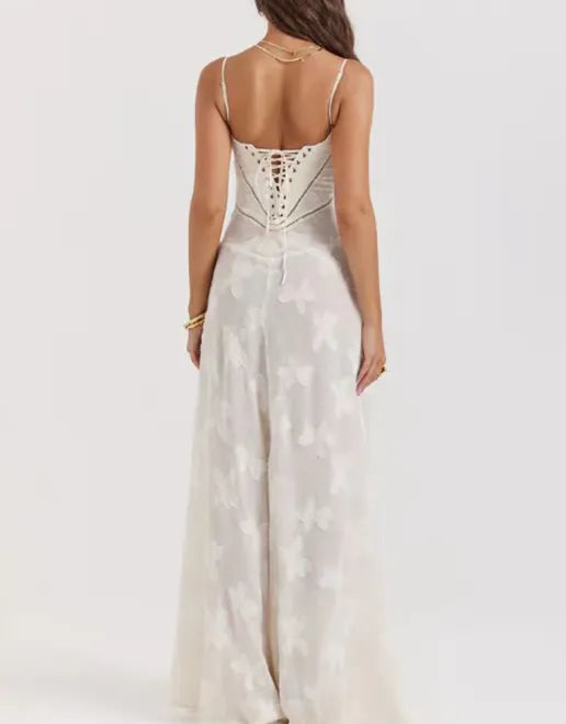 Floral Embossed Maxi Dress - Sleeveless Formal Gown