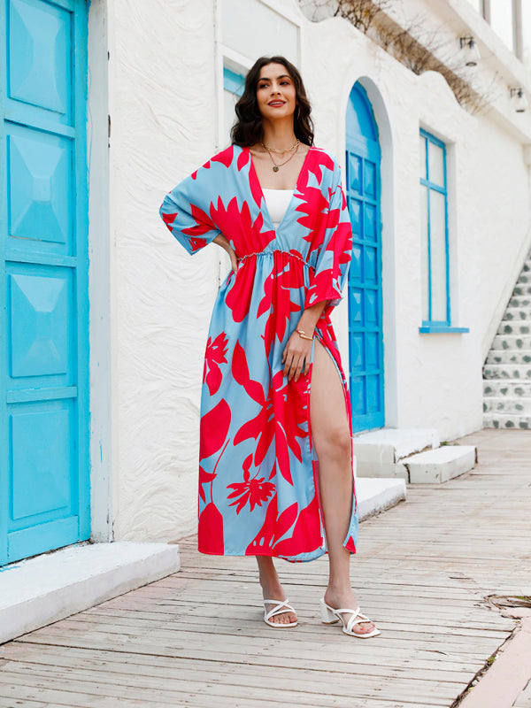 Robe longue à imprimé floral bohème – Robe fendue à col en V profond pour la plage et les vacances 