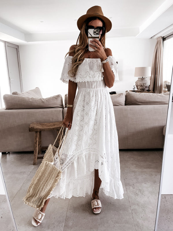 White Eyelet Lace Midi Dress – Summer Boho Chic Outfit for Women
