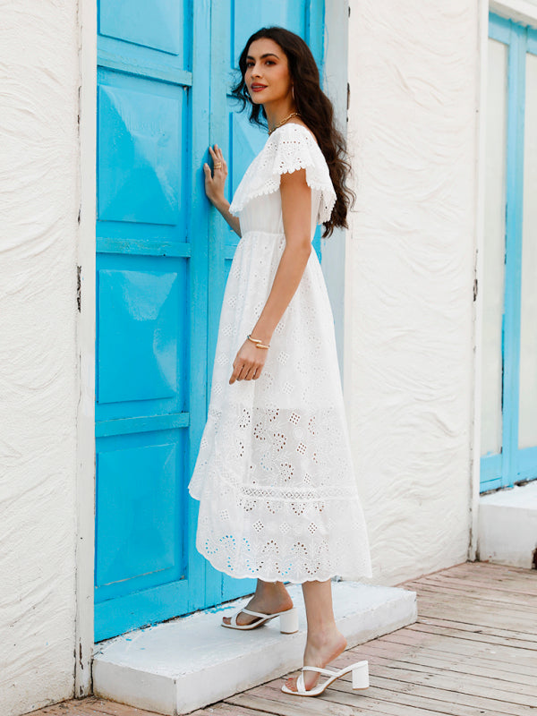 White Eyelet Lace Midi Dress – Summer Boho Chic Outfit for Women