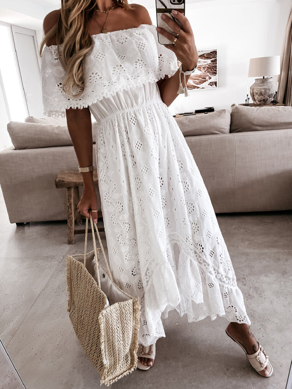 White Eyelet Lace Midi Dress – Summer Boho Chic Outfit for Women