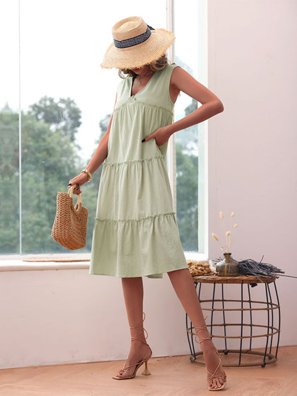 Vestido midi sin mangas con capas: vestido informal de verano de corte A 
