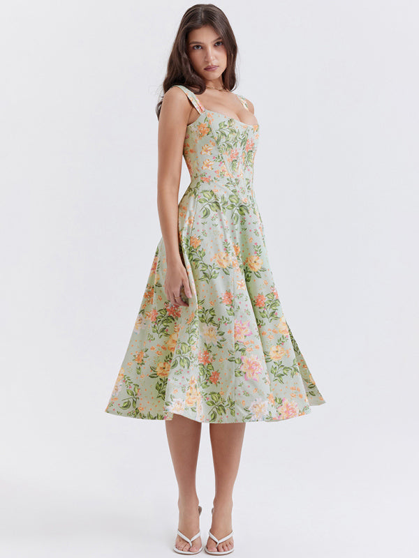 Robe corset mi-longue romantique à fleurs avec fente latérale – Robe d'été vintage 