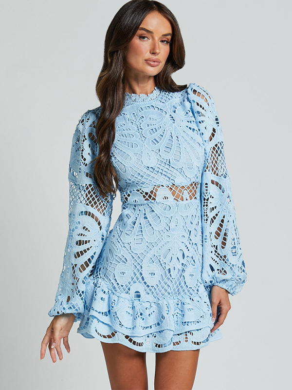 Mini-robe en dentelle ajourée – Robe élégante à manches longues et découpes pour les fêtes et les vacances 