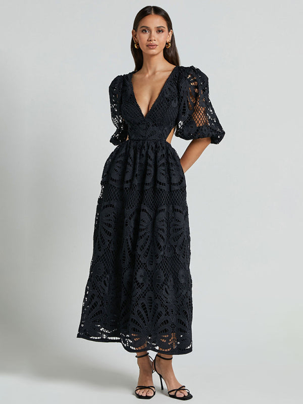 Elegante vestido largo de encaje con escote en V profundo para verano y bodas 