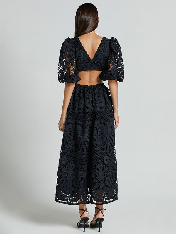 Elegante vestido largo de encaje con escote en V profundo para verano y bodas 