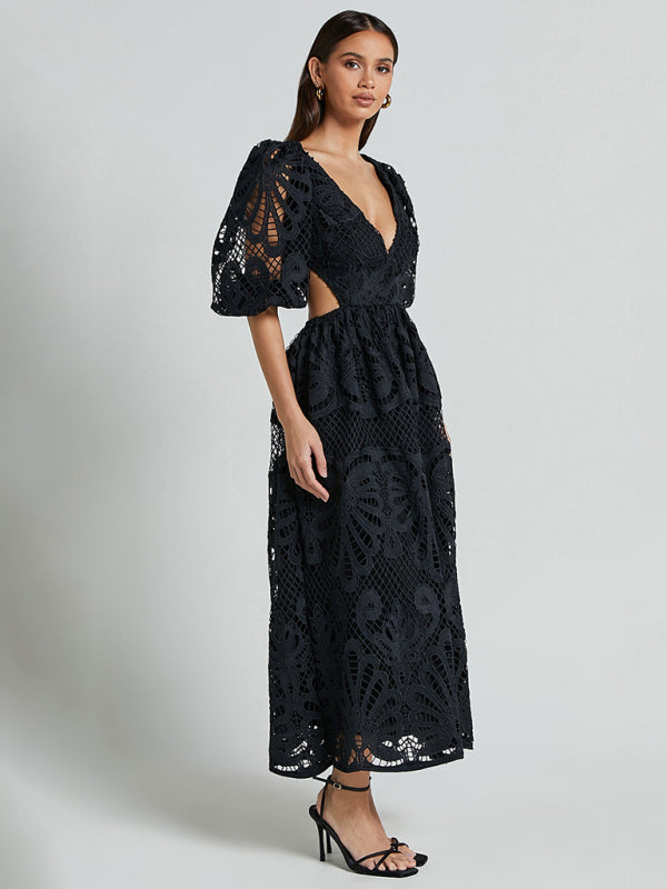 Elegante vestido largo de encaje con escote en V profundo para verano y bodas 