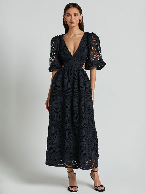 Elegante vestido largo de encaje con escote en V profundo para verano y bodas 