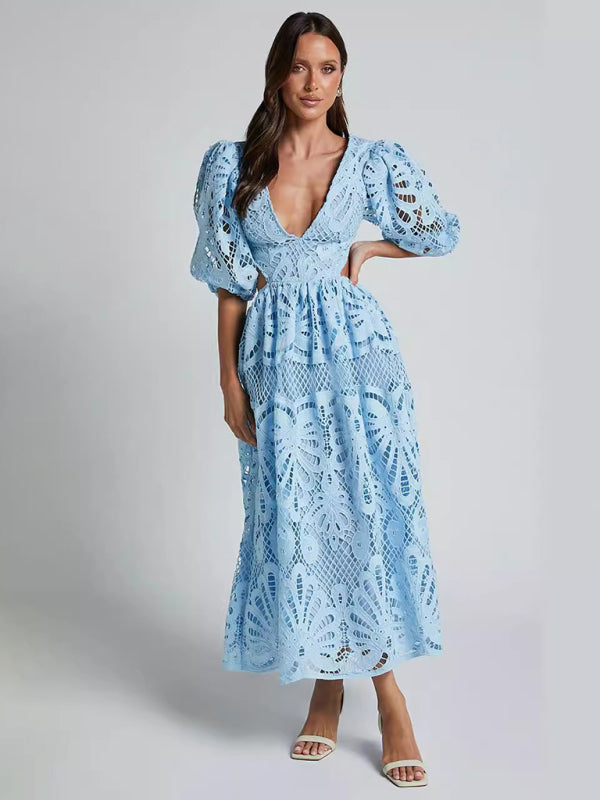 Elegante vestido largo de encaje con escote en V profundo para verano y bodas 