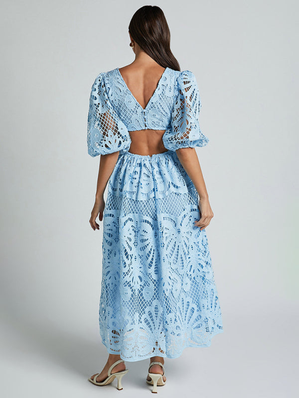 Elegante vestido largo de encaje con escote en V profundo para verano y bodas 