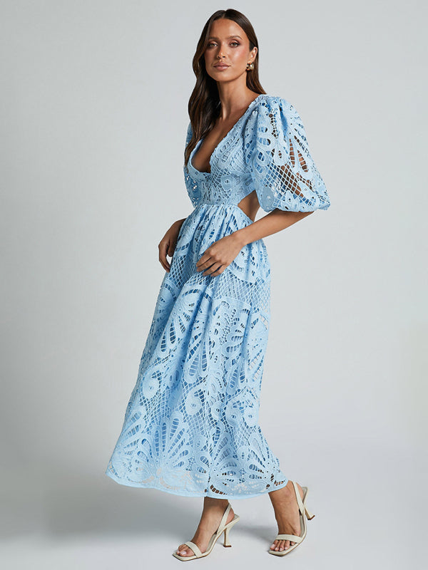 Elegante vestido largo de encaje con escote en V profundo para verano y bodas 