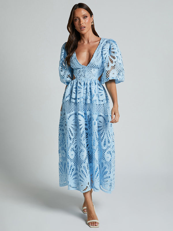 Elegante vestido largo de encaje con escote en V profundo para verano y bodas 