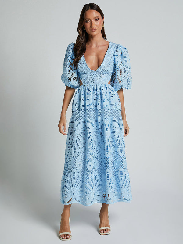 Elegante vestido largo de encaje con escote en V profundo para verano y bodas 