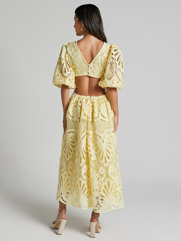 Elegante vestido largo de encaje con escote en V profundo para verano y bodas 