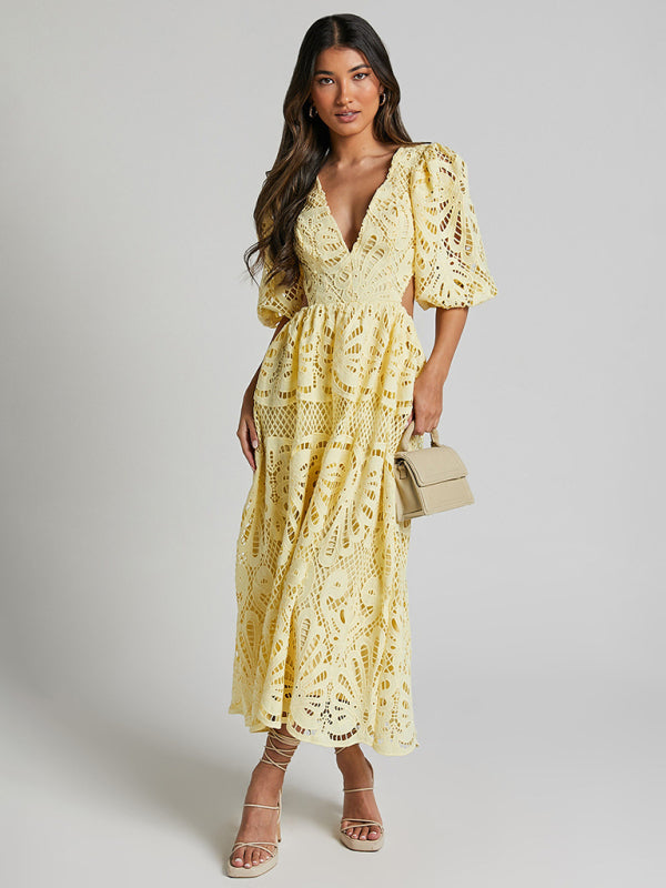 Elegante vestido largo de encaje con escote en V profundo para verano y bodas 