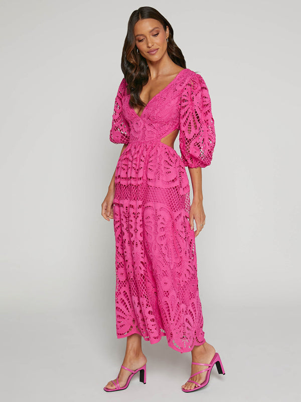 Elegante vestido largo de encaje con escote en V profundo para verano y bodas 