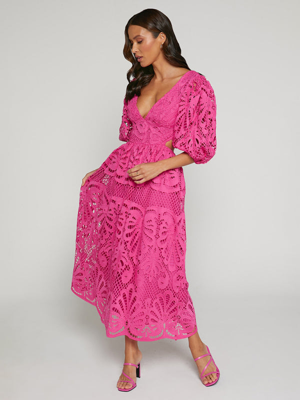 Elegante vestido largo de encaje con escote en V profundo para verano y bodas 