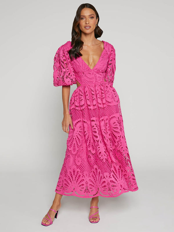 Elegante vestido largo de encaje con escote en V profundo para verano y bodas 