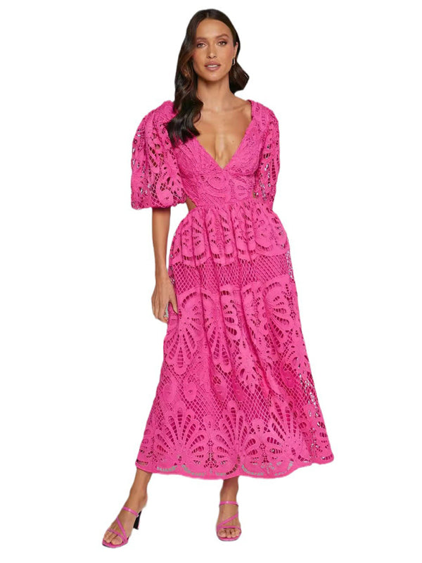 Elegante vestido largo de encaje con escote en V profundo para verano y bodas 