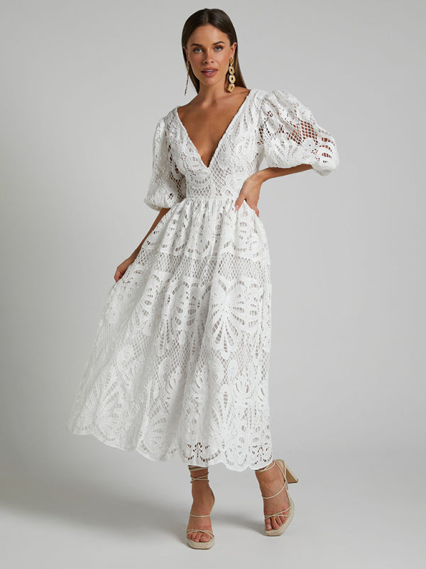 Elegante vestido largo de encaje con escote en V profundo para verano y bodas 