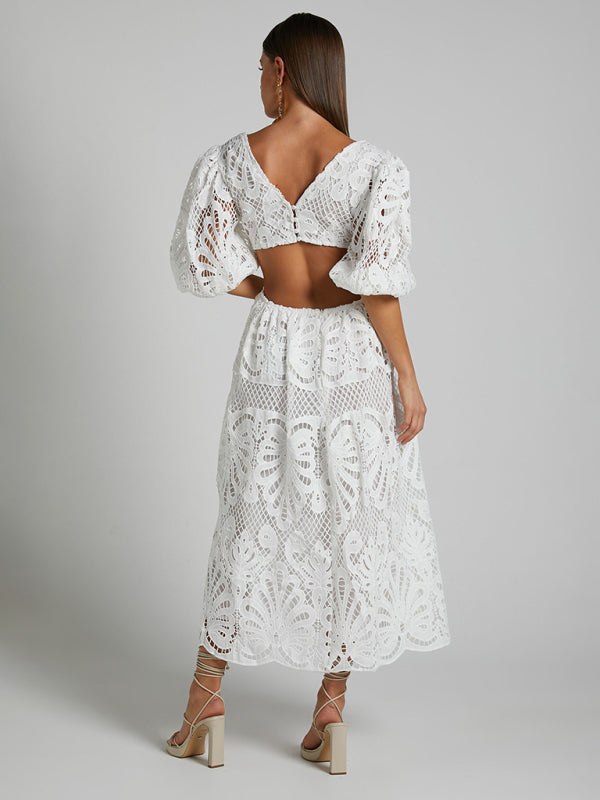 Elegante vestido largo de encaje con escote en V profundo para verano y bodas 