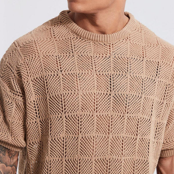 men’s matching set, knit summer outfit, casual short set, textured knitwear for men, loungewear for men, men’s two-piece set, lightweight outfit, openwork knit, beachwear set, summer co-ord men, breathable fashion, men’s comfy clothes