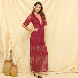 maxi lace dress
v neck lace dress
sheer maxi dress
elegant dress
formal dress
evening dress
romantic dress
special occasion lace dress
delicate lace resort wear
sophisticated lace evening dress