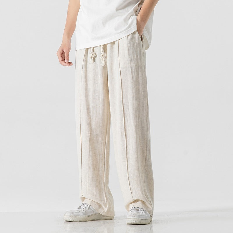 Men’s linen pants, wide leg linen trousers, drawstring pants men, rope tie pants, natural fabric trousers, loose fit summer pants, casual beach pants, boho men’s clothing, relaxed fit men’s fashion, minimalist men’s pants