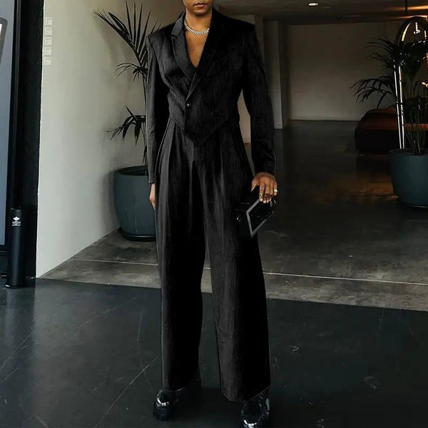 men's blazer set, blazer and trouser outfit, double-breasted blazer, wide-leg trousers, formal two-piece suit men, street style men's suit, modern men's fashion, black blazer suit men, gray blazer trouser set, statement suit outfit men