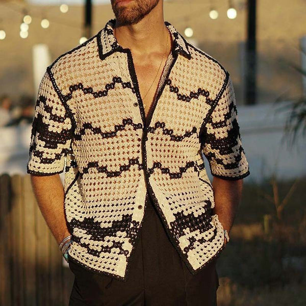 men’s crochet top

festival wear for men

lightweight summer shirt

button-up open knit shirt

bohemian men’s fashion

breathable knitwear for men

relaxed fit summer top

handcrafted men’s shirts

see-through mesh shirt

statement summer shirt