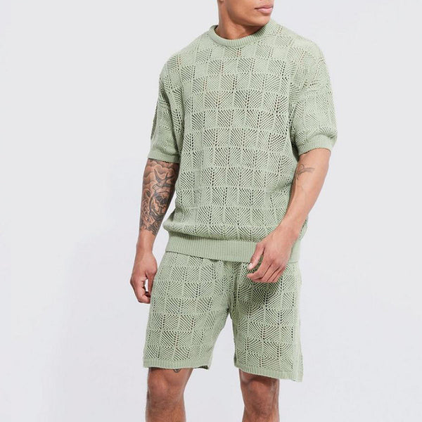men’s matching set, knit summer outfit, casual short set, textured knitwear for men, loungewear for men, men’s two-piece set, lightweight outfit, openwork knit, beachwear set, summer co-ord men, breathable fashion, men’s comfy clothes