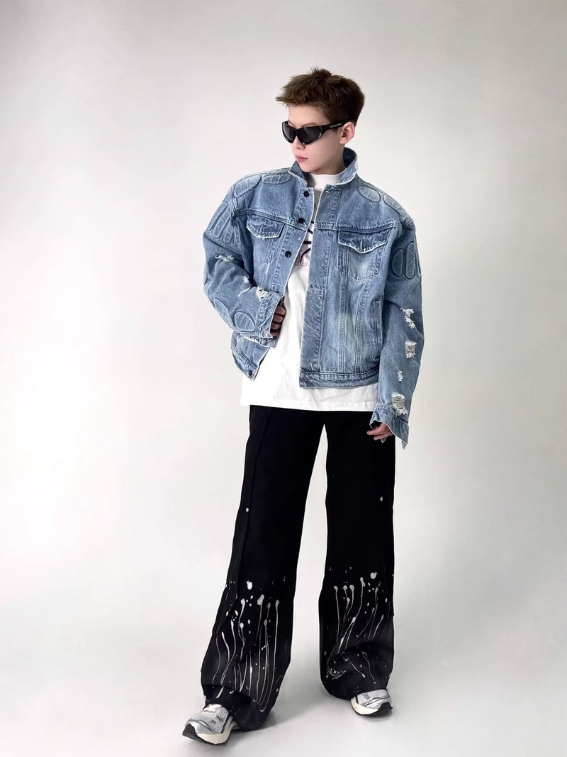 Men's ripped jacket,
Motorcycle denim jacket,
Ripped denim jacket, Casual outerwear,
Motorcycle jacket,
Stylish men's jacket,
Trendy denim jacket,
Essential outerwear,
Cool men's jacket,
Effortless style,
Timeless jacket,
Comfortable jacket,
Men's casual jacket,
Biker jacket,
Distressed denim jacket,
Quality denim,
Bold design,