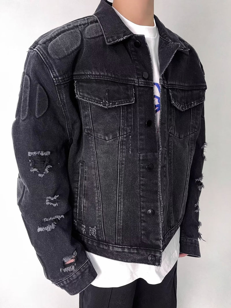 Men's ripped jacket,
Motorcycle denim jacket,
Ripped denim jacket, Casual outerwear,
Motorcycle jacket,
Stylish men's jacket,
Trendy denim jacket,
Essential outerwear,
Cool men's jacket,
Effortless style,
Timeless jacket,
Comfortable jacket,
Men's casual jacket,
Biker jacket,
Distressed denim jacket,
Quality denim,
Bold design,