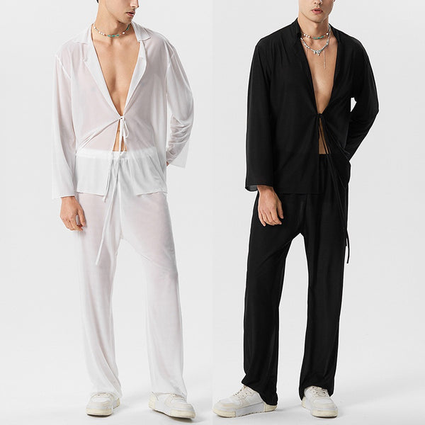 men's lounge set, two-piece men's set, sheer shirt men, vacation outfit men, trendy menswear 2025, lightweight menswear, tie-up shirt set, casual men’s co-ord, men's party outfit, evening wear men, menswear fashion, white sheer outfit men, black tie-up shirt men