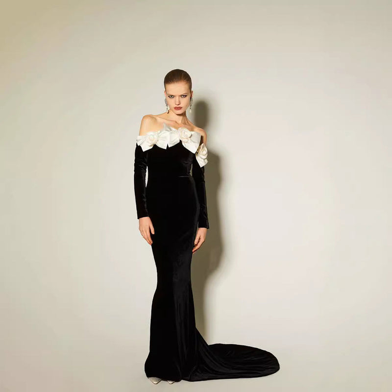 Black velvet gown, off-shoulder evening dress, white floral gown, formal black dress, gala outfit, long elegant dress, luxury evening wear, red carpet dress, fitted formal gown, women’s event dress