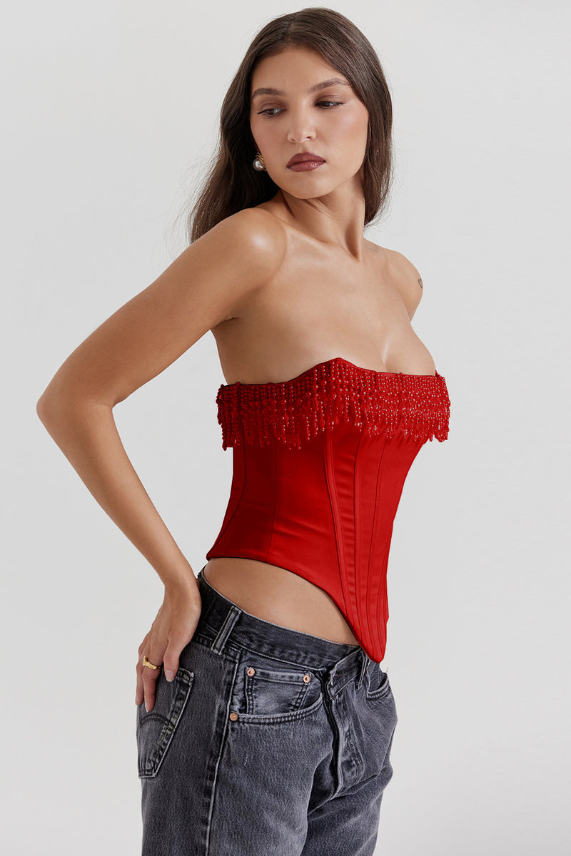 pearl corset top
fringe corset top
strapless bustier
elegant bustier
statement bustier
evening bustier
special occasion top
special occasion pearl corset
embellished pearl corset top
unique pearl corset top
glamorous pearl corset top