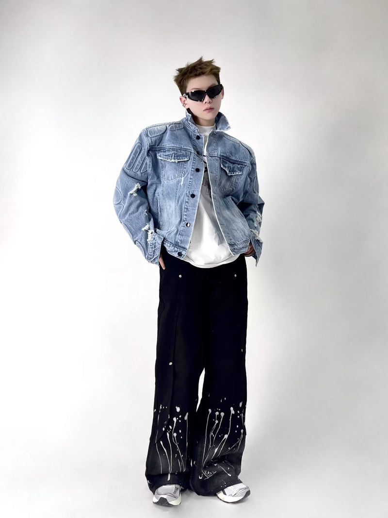 Men's ripped jacket,
Motorcycle denim jacket,
Ripped denim jacket, Casual outerwear,
Motorcycle jacket,
Stylish men's jacket,
Trendy denim jacket,
Essential outerwear,
Cool men's jacket,
Effortless style,
Timeless jacket,
Comfortable jacket,
Men's casual jacket,
Biker jacket,
Distressed denim jacket,
Quality denim,
Bold design,