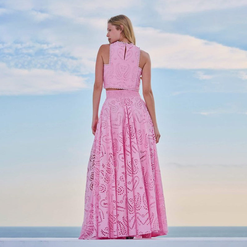 two-piece set
Crop top and maxi skirt
Elegant summer outfit
Eyelet lace dress set
Wedding guest outfit
Vacation fashion dressVacation dress for women
Beach getaway outfit
Summer resort wear
Tropical vacation dress
Maxi skirt and crop top set