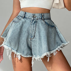 ruffled shorts
denim shorts
high waist shorts
frayed shorts
jean shorts
stylish shorts
trendy frayed shorts
high rise ruffled shorts
playful denim shorts
unique denim shorts