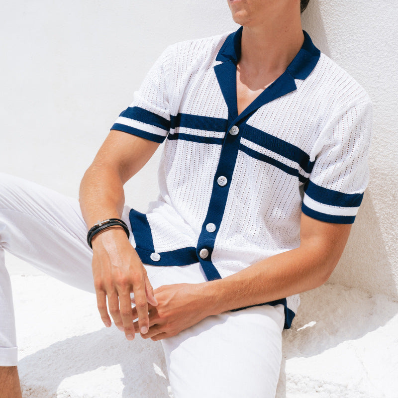 Men’s knit shirt, button-up polo shirt, textured short sleeve top, retro style shirt for men, summer resort shirt, breathable knitwear, vintage casual shirt, contrast collar shirt, lightweight men’s top, stylish beachwear